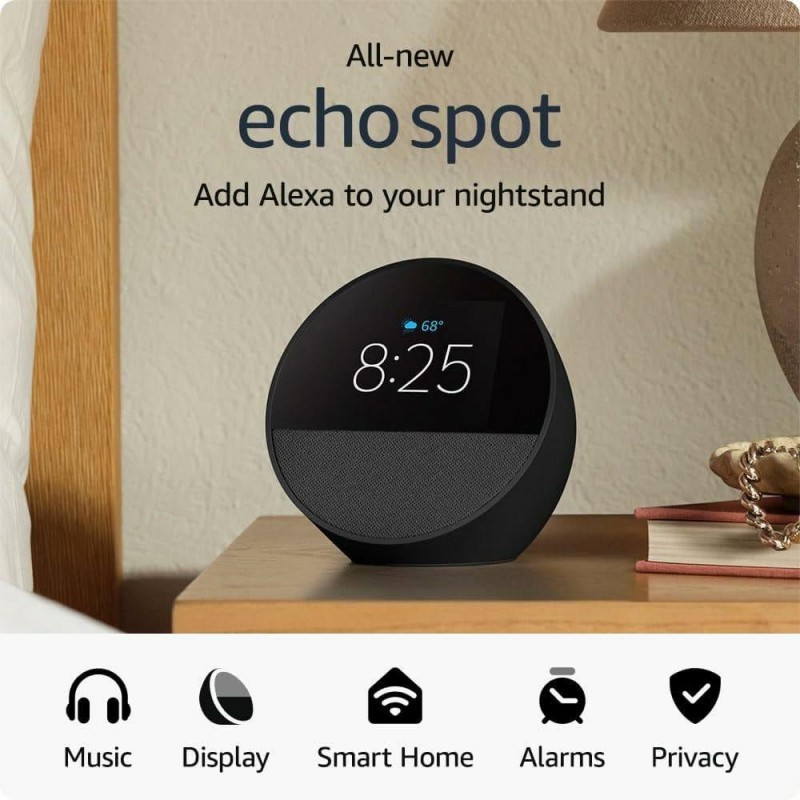 Смарт часовник Amazon Echo Spot 2024, Alexa асистент, Черен, AMAZON-ECHO-SPOT-BL