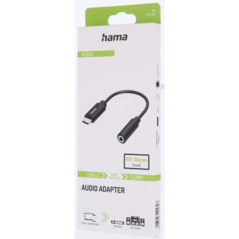 HAMA Аудио адаптер, USB-C мъжко - 3.5 mm аудио жак женско, Стерео, Черен