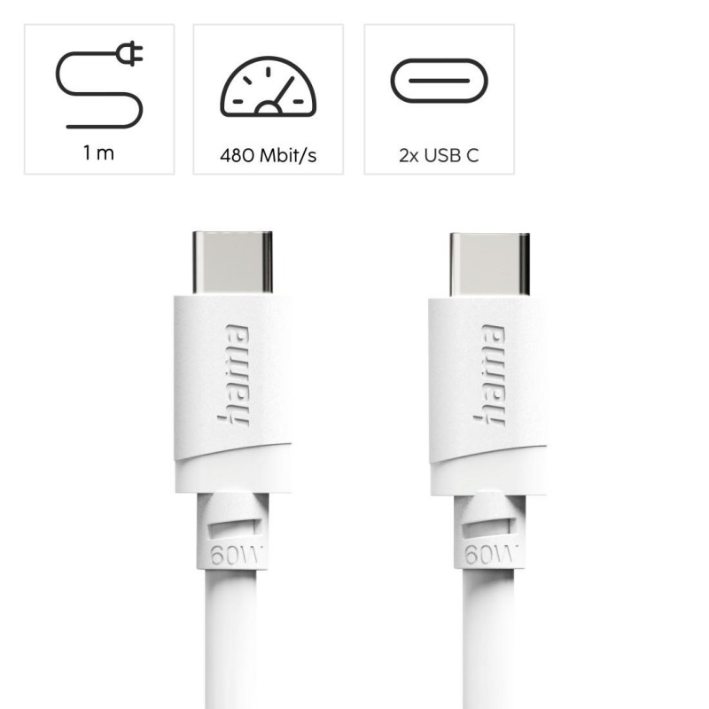 HAMA Кабел за зареждане USB-C - USB-C, 60 W, 1 m, бял