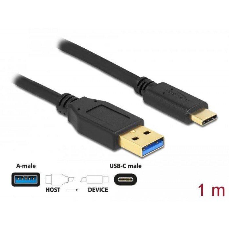 Кабел Delock SuperSpeed, USB-A мъжко - USB-C мъжко, (USB 3.2 Gen 2), 10 Gbps, 1 м, Черен, DELOCK-83870