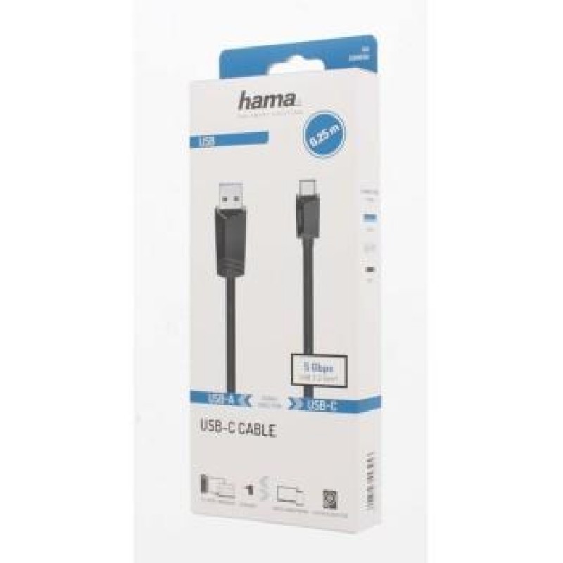 Кабел HAMA 200651 USB-C мъжко-USB-A мъжко, USB 3.2 Gen 1, 5Gbit/s, 0.25 м., Черен-HAMA-200650