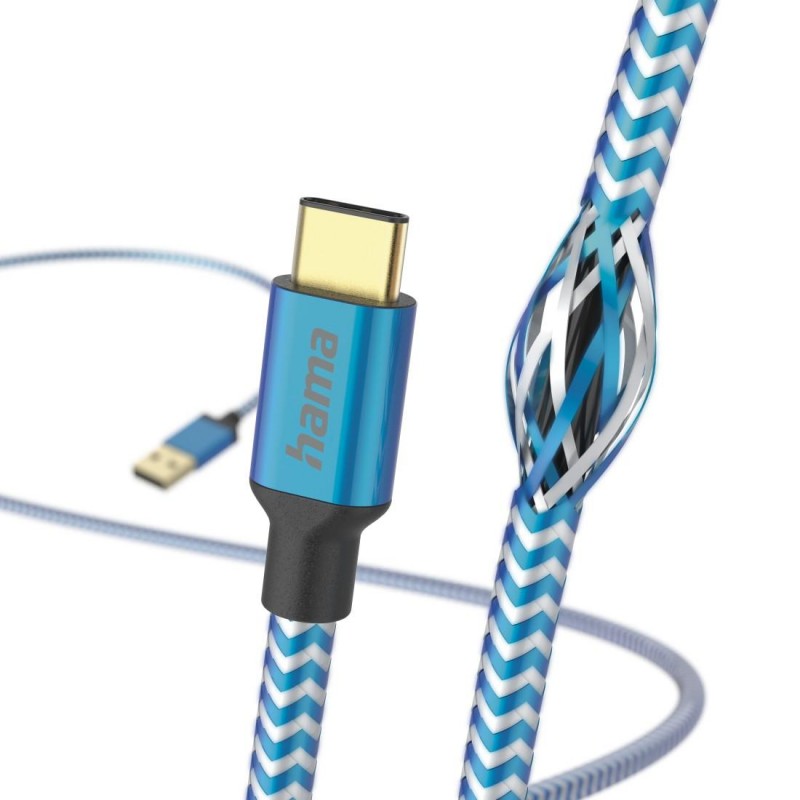 Кабел HAMA Reflective, USB-C мъжко - USB-A мъжко, 480 Mbps, 1.5 м., Син, HAMA-201558