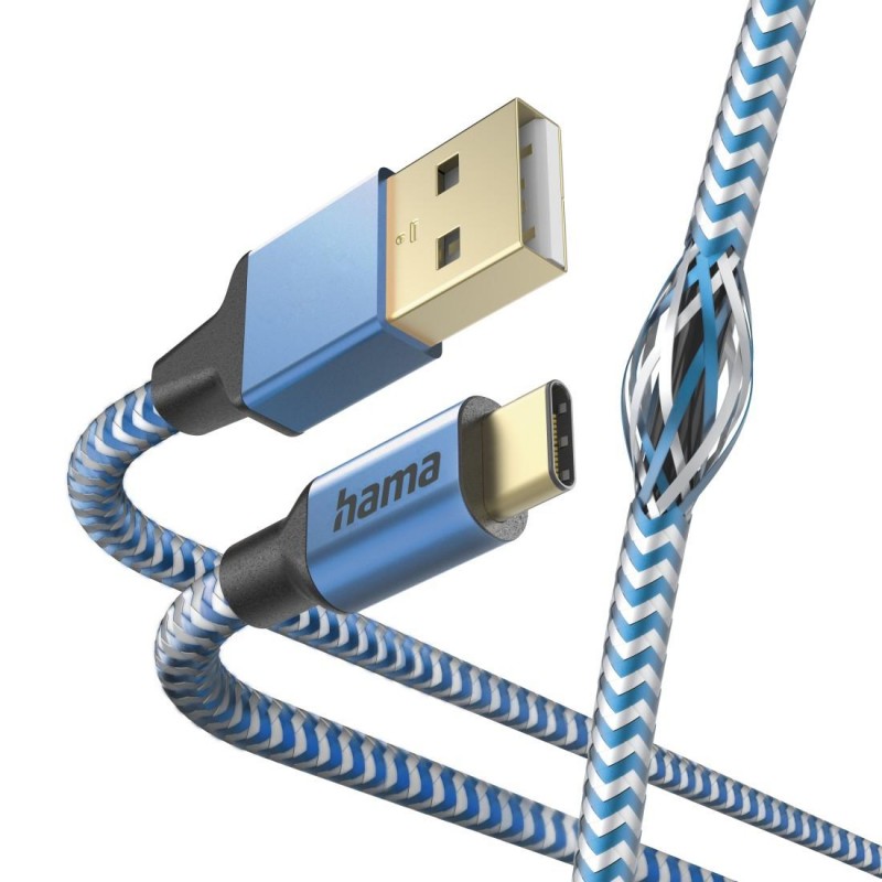 Кабел HAMA Reflective, USB-C мъжко - USB-A мъжко, 480 Mbps, 1.5 м., Син, HAMA-201558