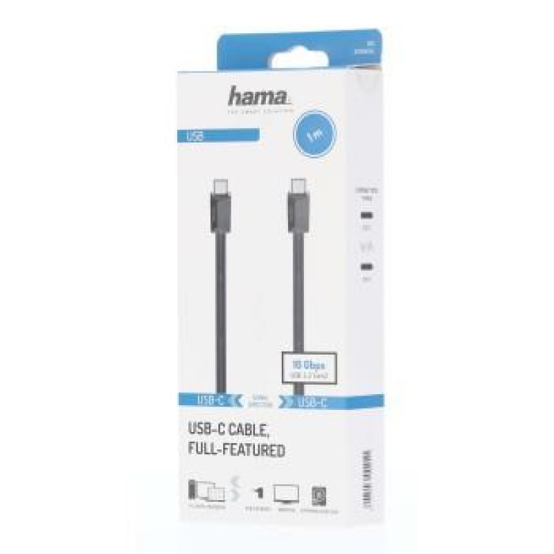 Кабел HAMA USB 3.1 Gen 2, USB-C мъжко - USB-C мъжко, 1 м, 10 Gbit/s, 5A/100W-HAMA-200656