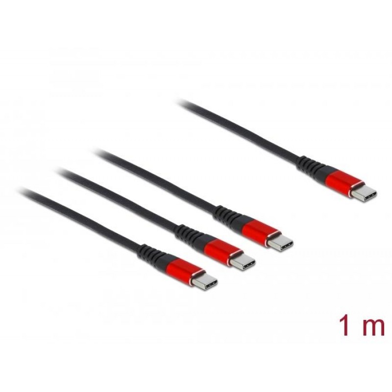 Кабел за зареждане Delock  3 в 1, USB-C - 3 x USB-C, 1м, Черен/Червен, DELOCK-86713