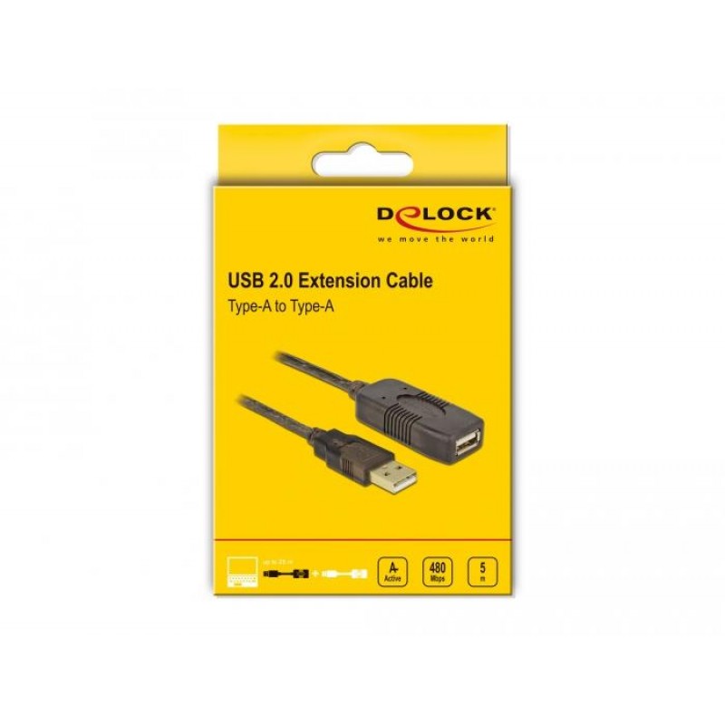 Удължителен кабел DeLock, USB-A мъжко - USB-A женско, USB 2.0, 5 м, Черен, DELOCK-82308