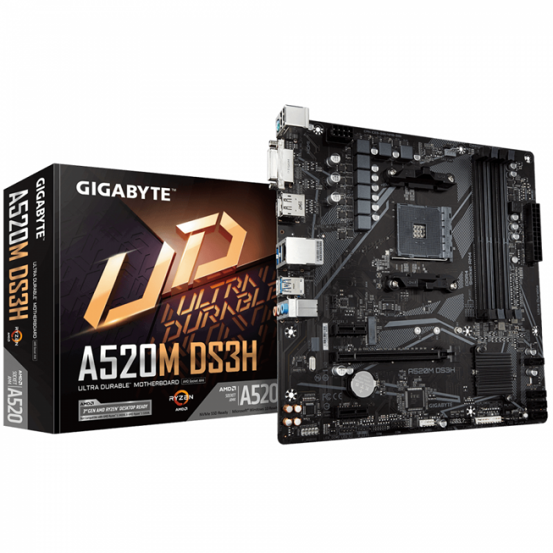 Дънна платка GIGABYTE A520M-DS3H, Socket AM4, mATX, 4xDDR4, M.2-GA-MB-A520M-DS3H