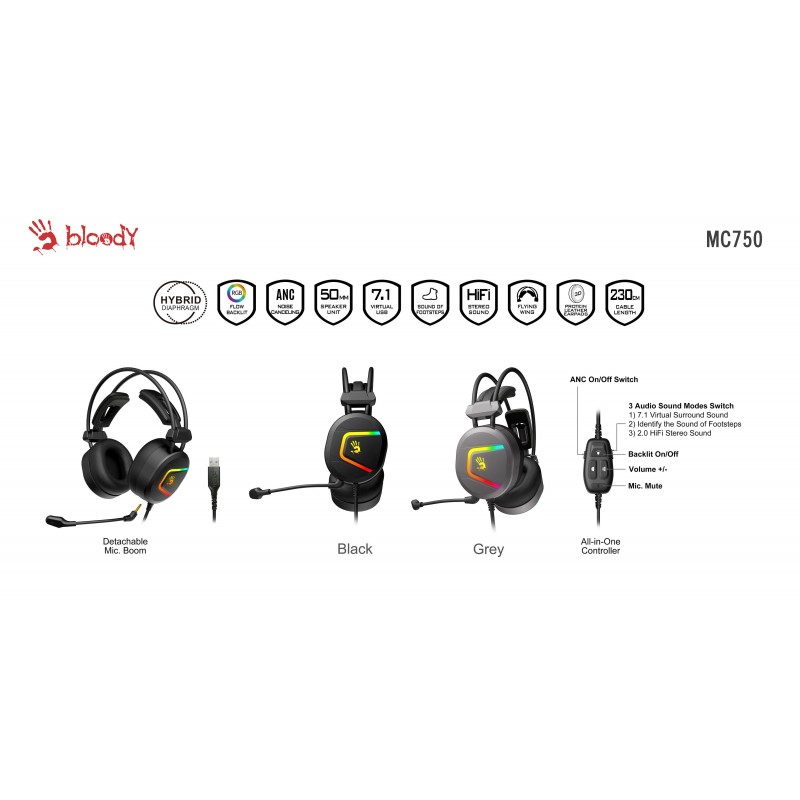 Геймърски слушалки A4TECH Bloody MC750, ANC,RGB, Микрофон, Черни, A4-HEAD-MC750