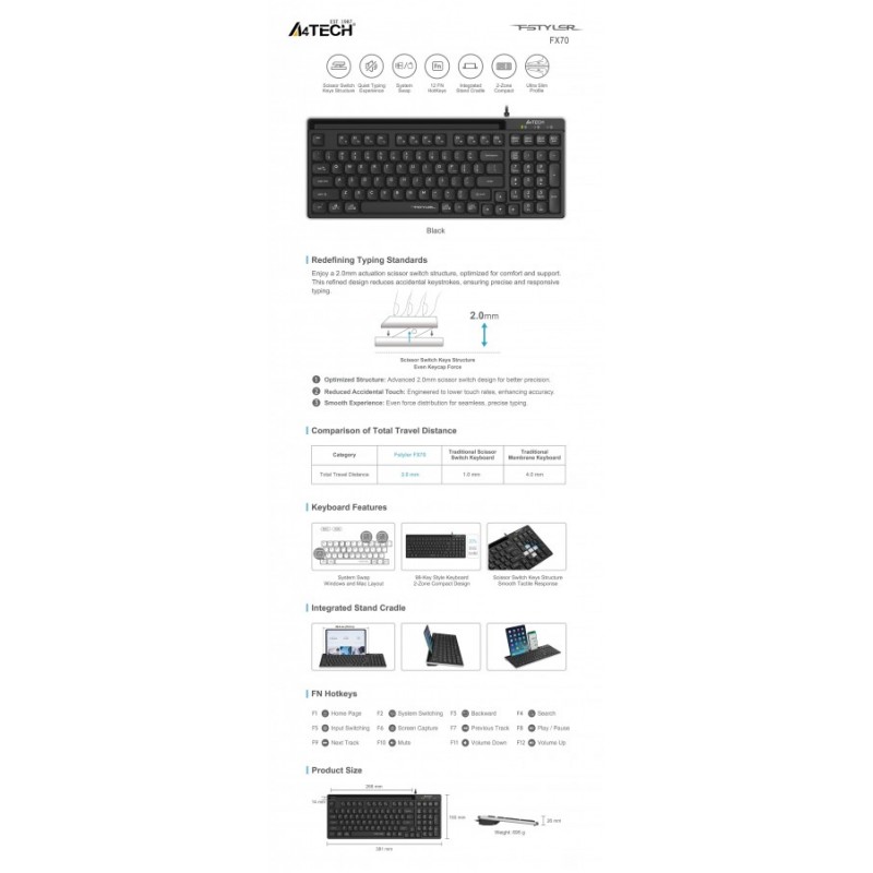 A4tech Fstyler FX70 Жична клавиатура, ниско профилна, ножична технология