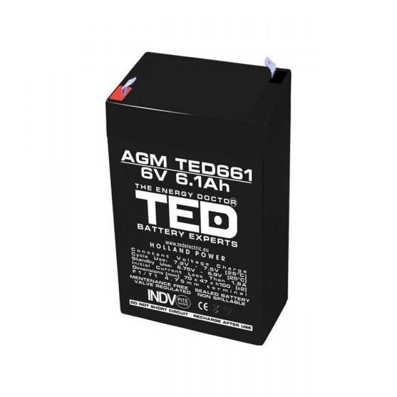 Оловна Батерия TED ELECTRIC, 6V, 6.1Ah, 70/ 47/ 100 mm, AGM, TED-6V-4.5-AGM