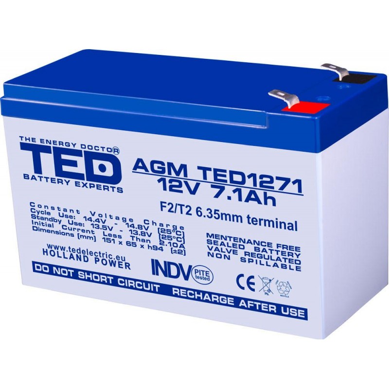 Оловна батерия TED ELECTRIC, AGM, 12V, 7Ah, 151/ 65/ 94 mm, Терминал2, TED-12V-7AH-AGM