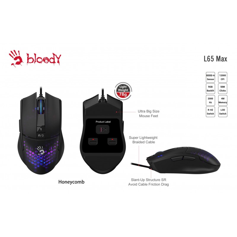Геймърска мишка A4tech bloody L65 Max, Жична, 12000 cpi, Honeycomb,Черна, A4-MOUSE-L65MAX-HONEY