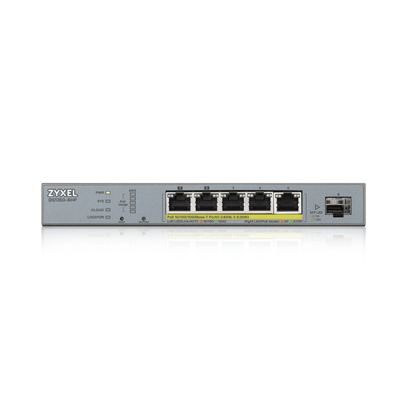 Суич ZyXEL GS1350-6HP, 6-портов, Gigabit, Управляем, PoE 60W, ZYXEL-GS1350-6HP