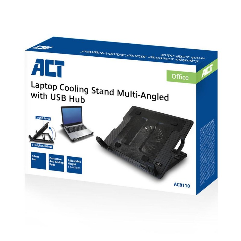 Охладител за лаптоп ACT, До 17, С един вентилатор, 2 x USB хъб, Черен, EWENT-ACT-NOT-AC8110