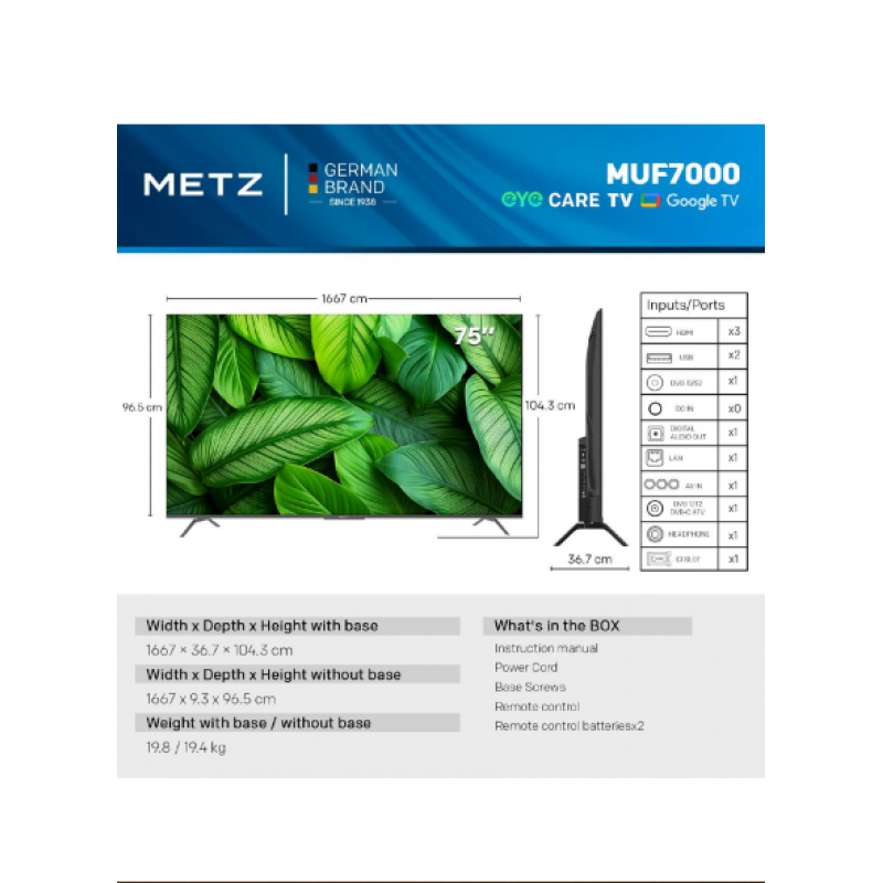 METZ Телевизор 75" UHD LED SMART TV, 4K, Google TV, Frameless
