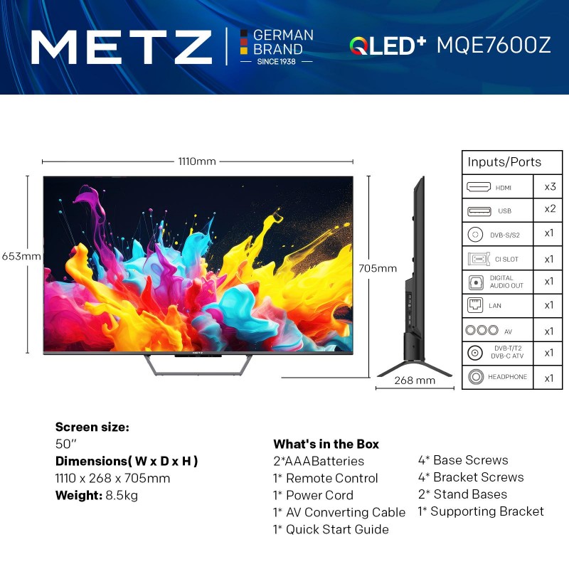 Телевизор METZ 50MQE7600Z, 50"(126 см), QLED, Google TV, 4K/UND, 60Hz, METZ-TV-50MQE7600Z