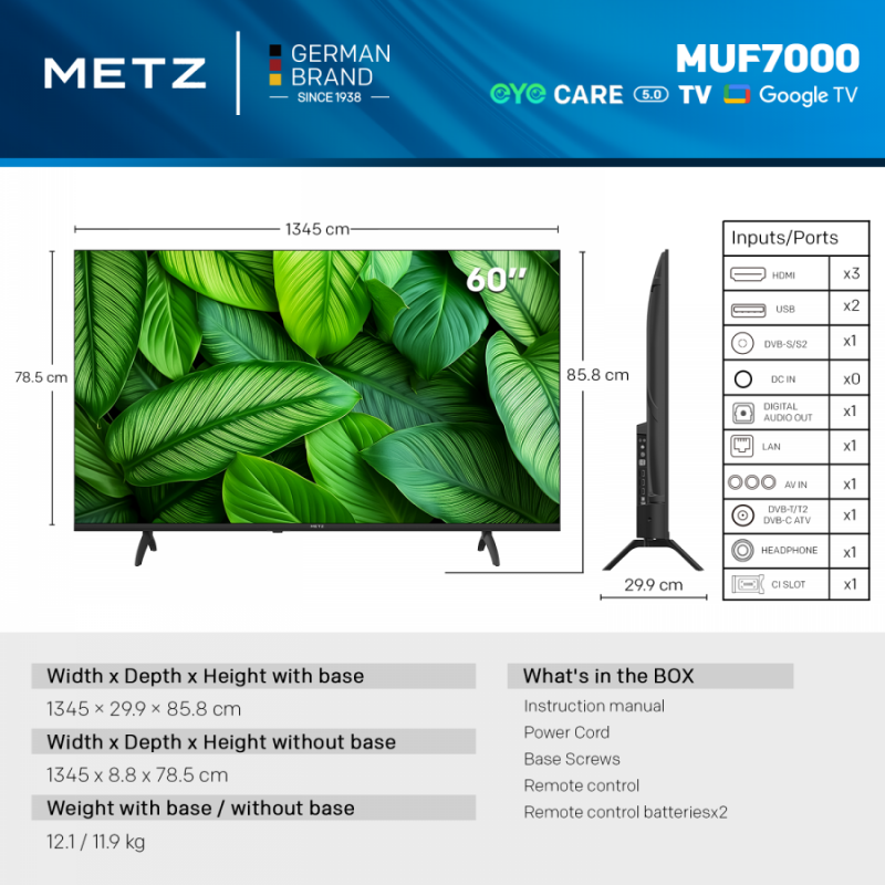 Телевизор METZ 60" 60MUF7000Z UHD 4K LED Google TV, Клас E
