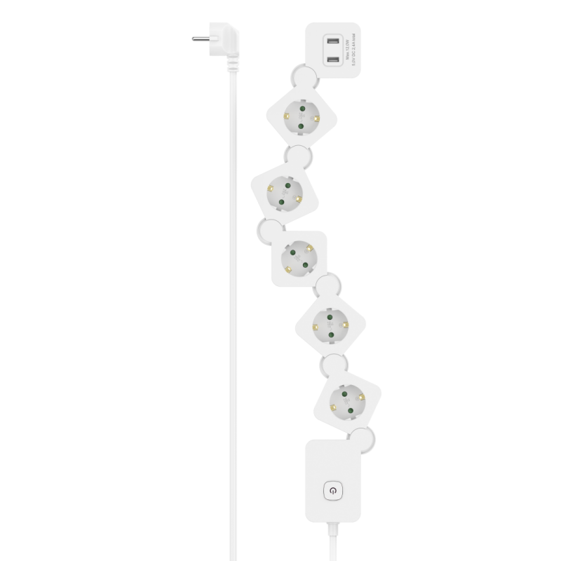 HAMA Разклонител 5 гнезда, USB-A 12 W, гъвкав, превключвател, 1,4 м, бял, HAMA-223190