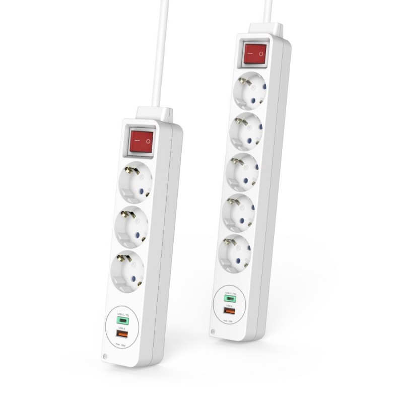 HAMA Разклонител  USB-C/USB-A 3.4A, 3 гнезда, 2x USB, PD/Quick charge, макс 18W,1.4м, 3680W, бял, HAMA-223185
