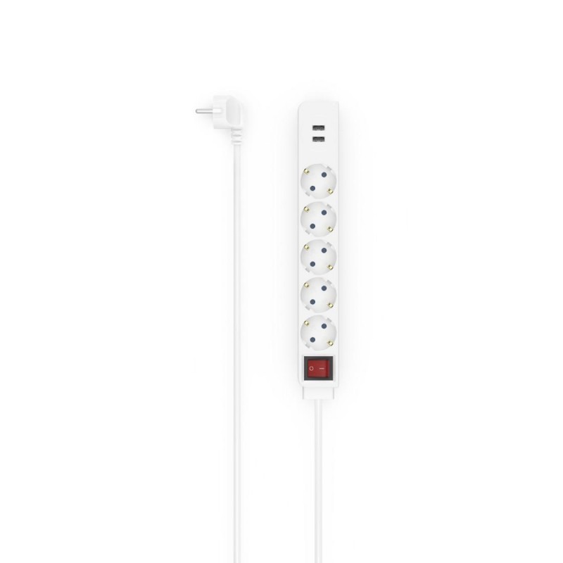 Разклонител HAMA USB 3.4A, 5 гнезда, 2x USB, 3400mA,1.4м, 3680W, Бял, HAMA-223183