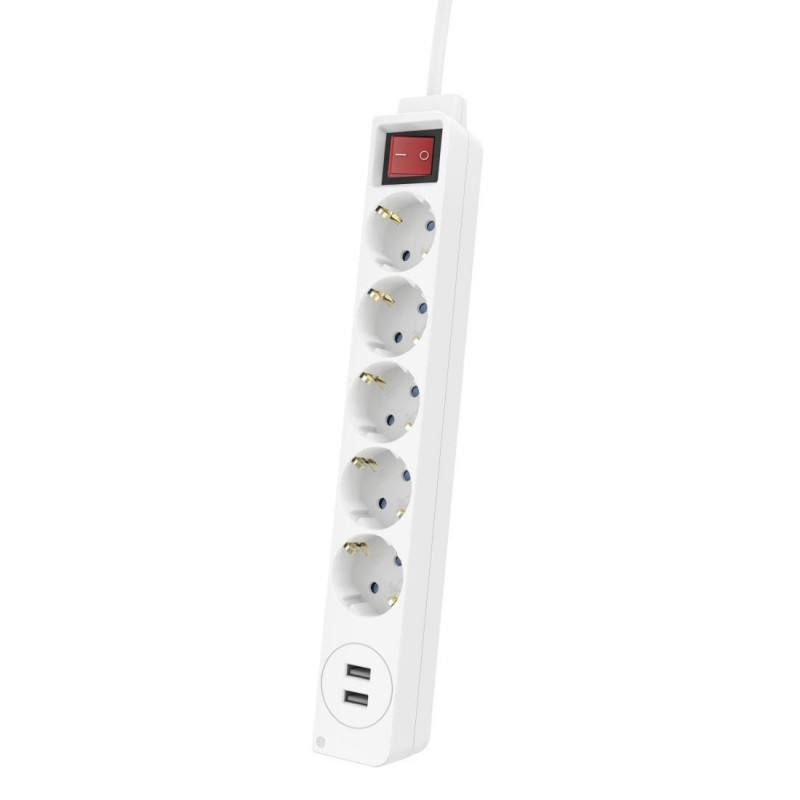 Разклонител HAMA USB 3.4A, 5 гнезда, 2x USB, 3400mA,1.4м, 3680W, Бял, HAMA-223183