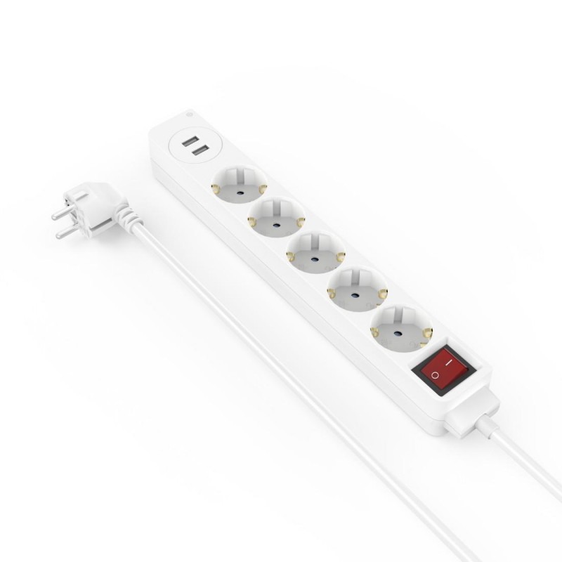 Разклонител HAMA USB 3.4A, 5 гнезда, 2x USB, 3400mA,1.4м, 3680W, Бял, HAMA-223183