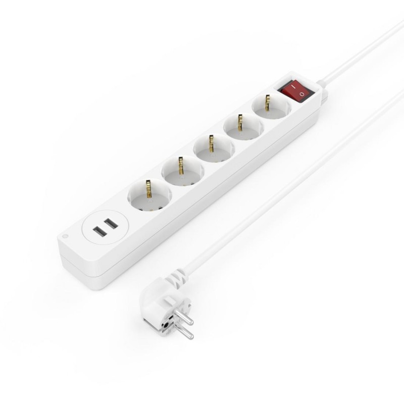 Разклонител HAMA USB 3.4A, 5 гнезда, 2x USB, 3400mA,1.4м, 3680W, Бял, HAMA-223183