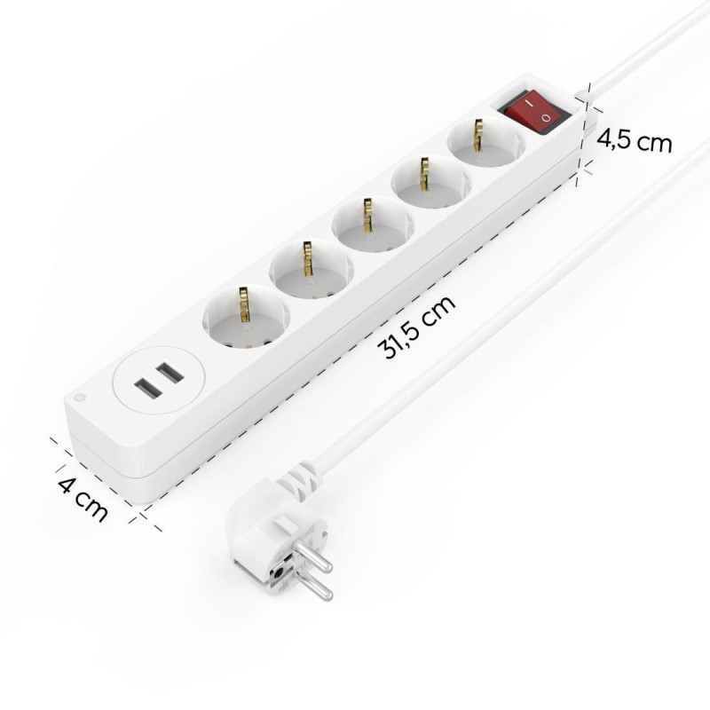 Разклонител HAMA USB 3.4A, 5 гнезда, 2x USB, 3400mA,1.4м, 3680W, Бял, HAMA-223183