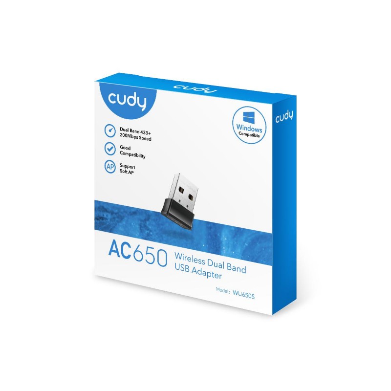 Безжичен нано адаптер Cudy WU650S, USB 2.0, 2.4/5 Ghz, Вградена антена 2dBi, CUDY-USB-WU650S