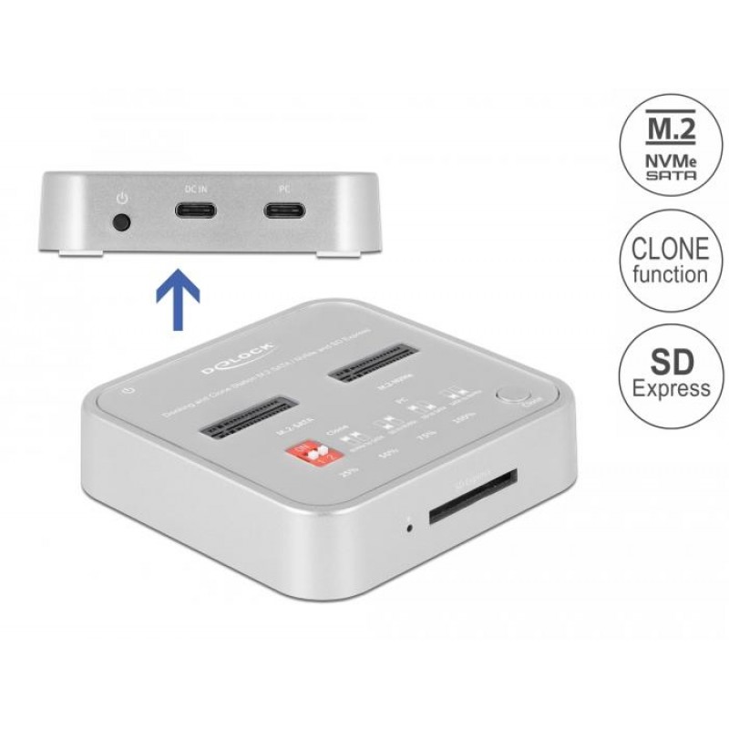 Докинг станция Delock, 1 x M.2 NVMe SSD + 1 x M.2 SATA SSD, SD Express Card Reader, Клониране, DELOCK-64138