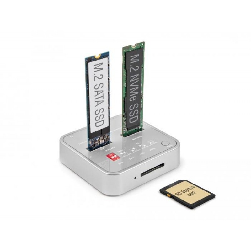 Докинг станция Delock, 1 x M.2 NVMe SSD + 1 x M.2 SATA SSD, SD Express Card Reader, Клониране, DELOCK-64138