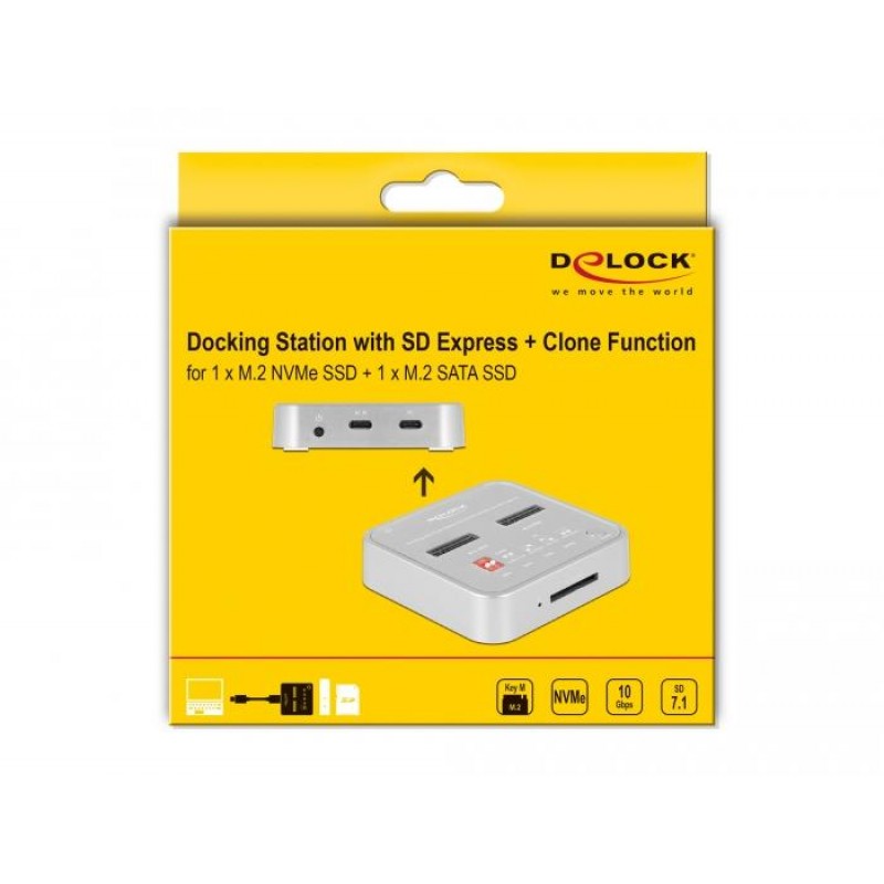Докинг станция Delock, 1 x M.2 NVMe SSD + 1 x M.2 SATA SSD, SD Express Card Reader, Клониране, DELOCK-64138