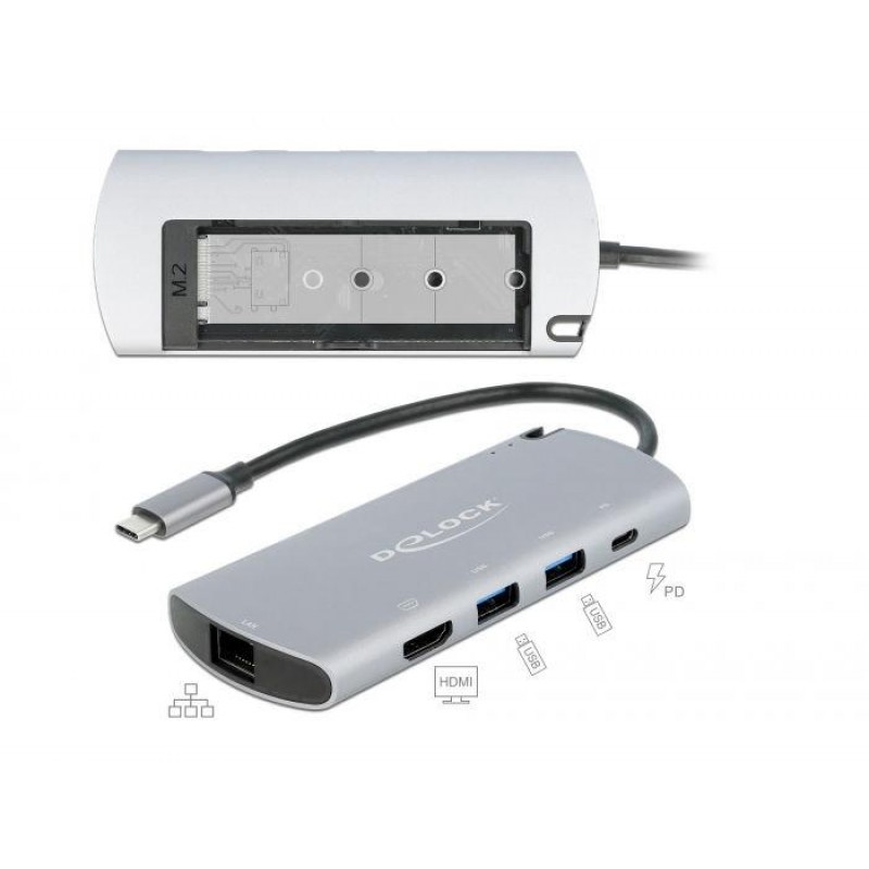 Докинг станция Delock USB-C с M.2 слот за SSD - HDMI 4K30Hz, Gigabit LAN, 2xUSB-A, USB-C, Сив, DELOCK-87767