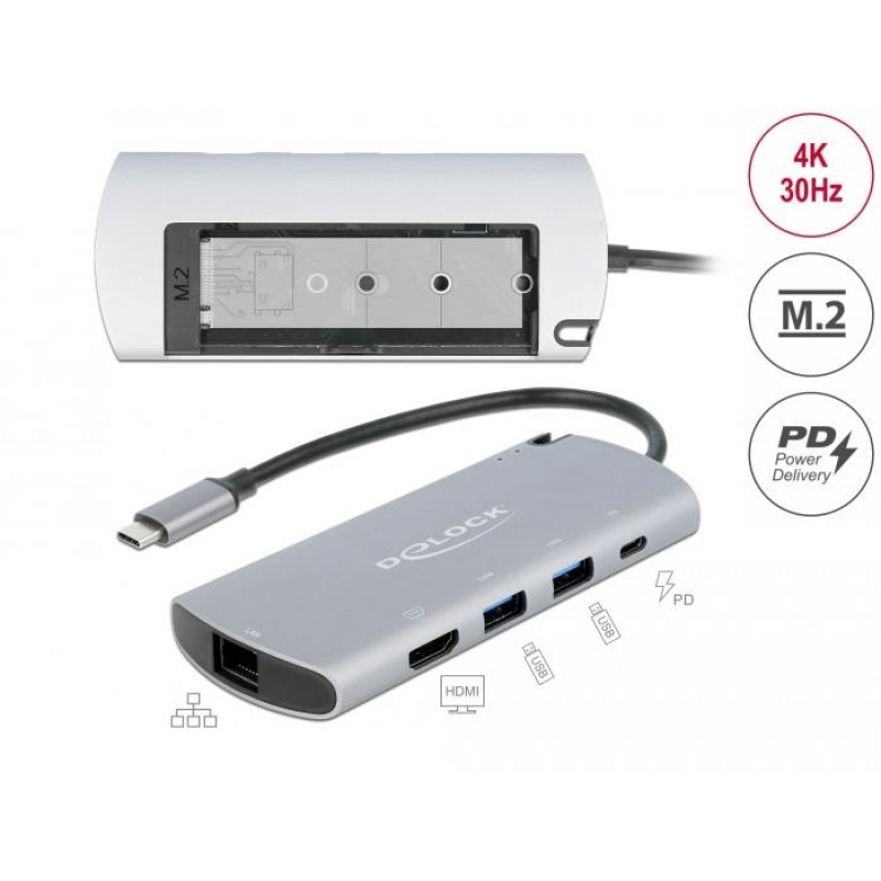 Докинг станция Delock USB-C с M.2 слот за SSD - HDMI 4K30Hz, Gigabit LAN, 2xUSB-A, USB-C, Сив, DELOCK-87767
