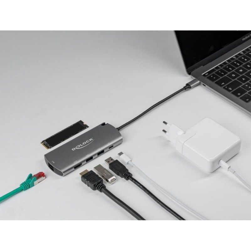 Докинг станция Delock USB-C с M.2 слот за SSD - HDMI 4K30Hz, Gigabit LAN, 2xUSB-A, USB-C, Сив, DELOCK-87767