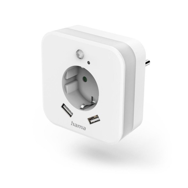 HAMA Нощна лампа с контакт и USB, 2.4 A, 2 изхода, сензор за яркост, HAMA-223498