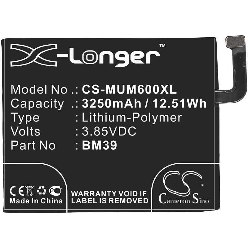 Батерия за мобилен телефон XIAOMI Mi6 BM39 3,85V 3250mAh LiPo CAMERON SINO, CS-MUM600XL