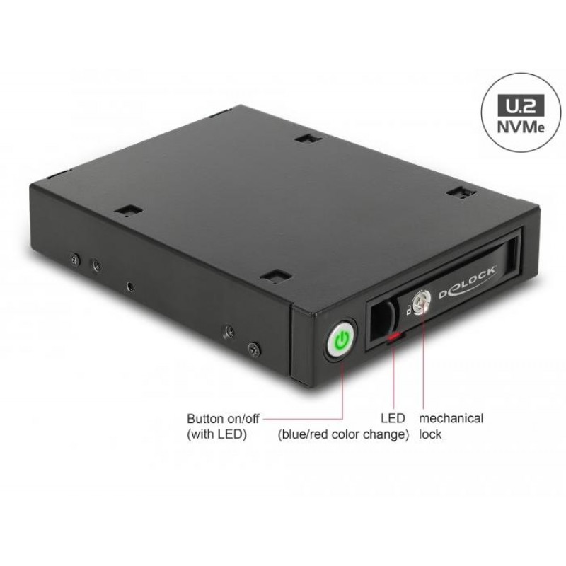 Чекмедже Delock 3.5″, За 1 x 2.5″ U.2 NVMe SSD или SATA / SAS HDD / SSD, Черен, DELOCK-47232