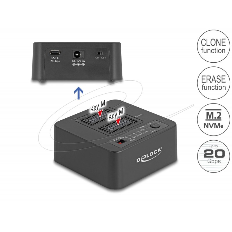 Delock M.2 Докинг станция за 2 x M.2 NVMe, клониране,изтриване, до 20 Gbps, USB-C, адаптер