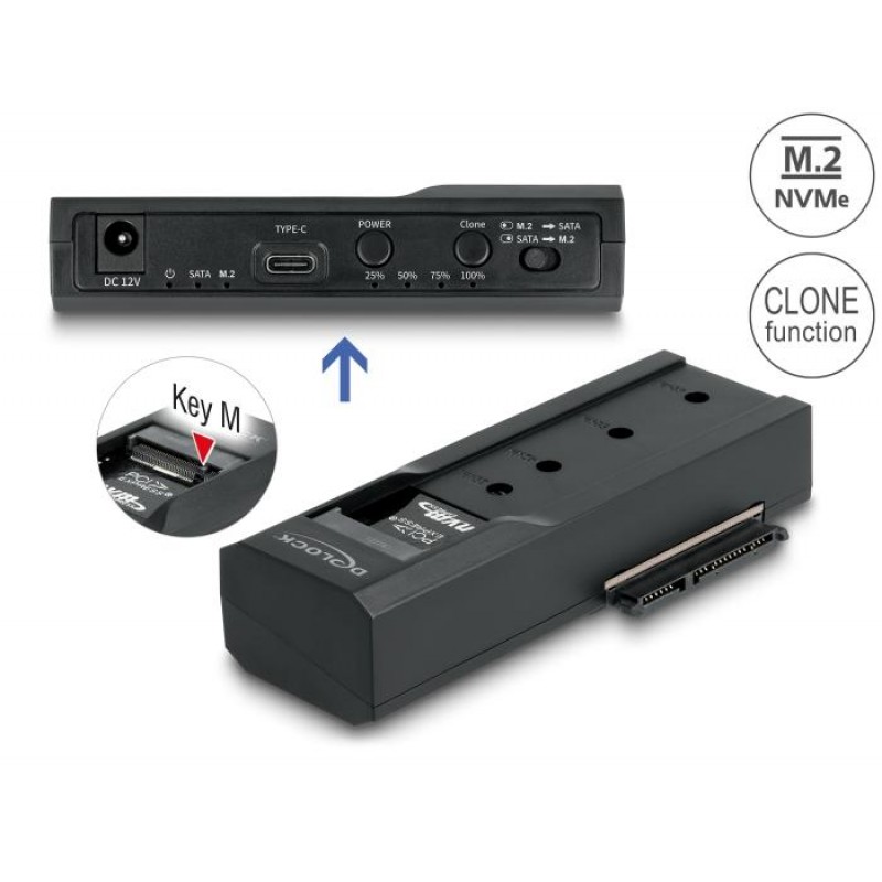 Станция Delock USB-C, 1 x M.2 NVMe SSD + 1 x SATA SSD / HDD, Клониране, DELOCK-64252