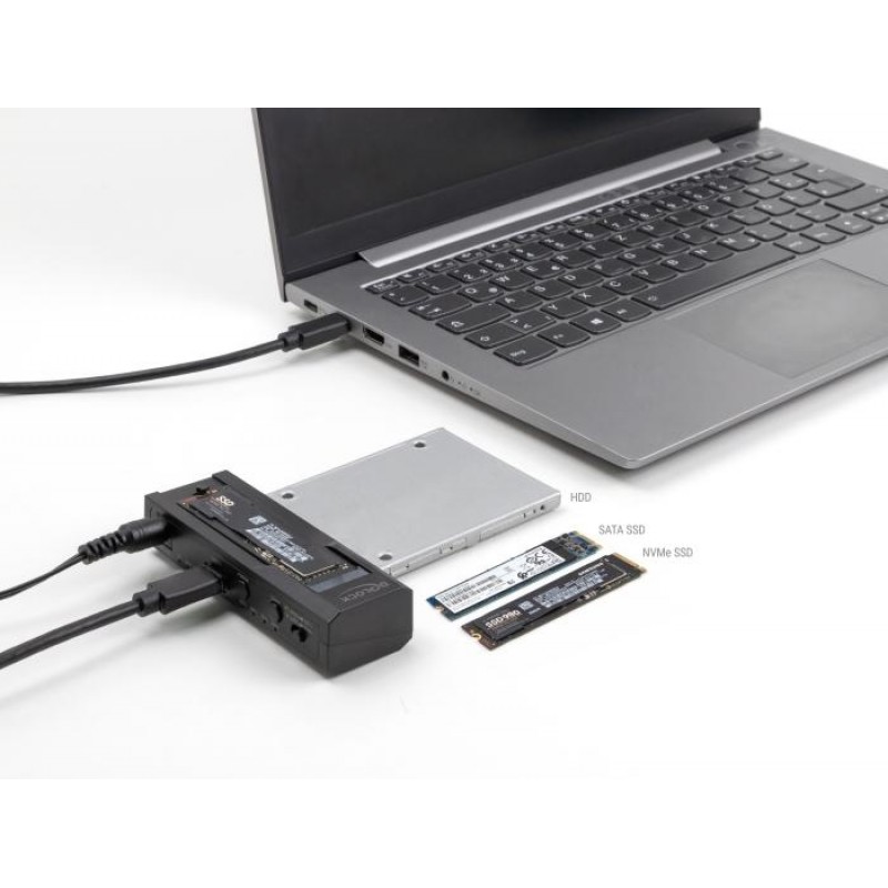 Станция Delock USB-C, 1 x M.2 NVMe SSD + 1 x SATA SSD / HDD, Клониране, DELOCK-64252