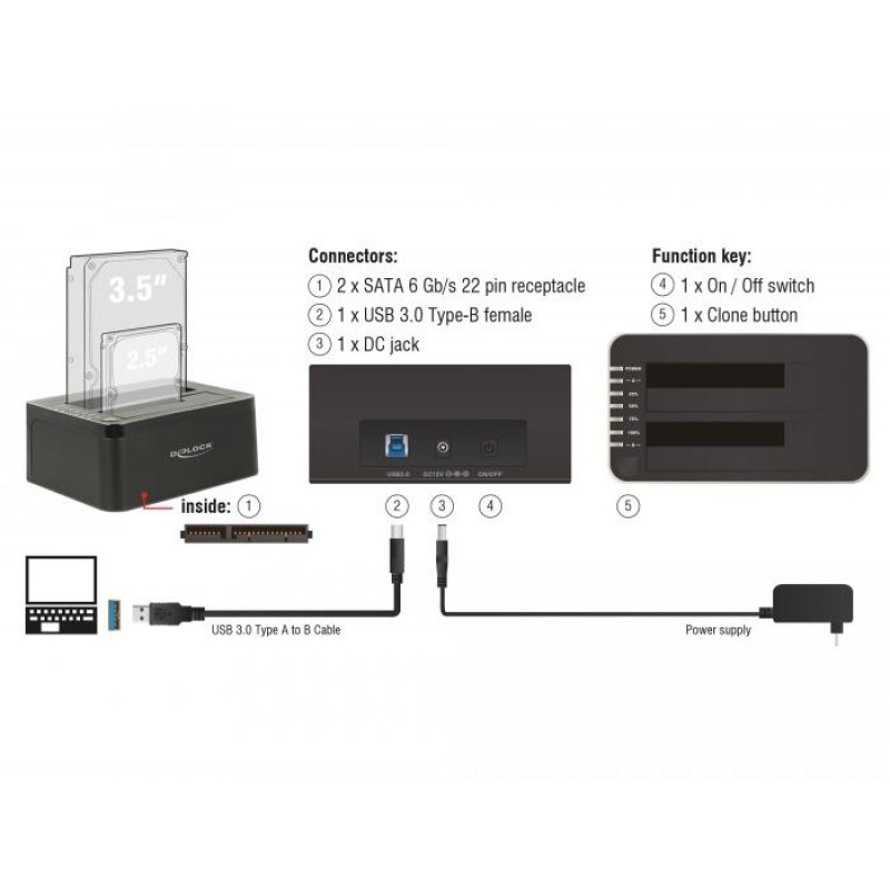 Външна докинг станция Delock 62661, за 2.5/3.5 HDD/SSD, USB 3.0, Функция за клониране