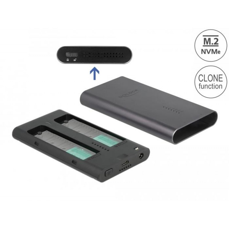 Външно чекмедже Delock, За 2 x M.2 NVMe PCIe SSD, USB-C, Клониране, DELOCK-42010