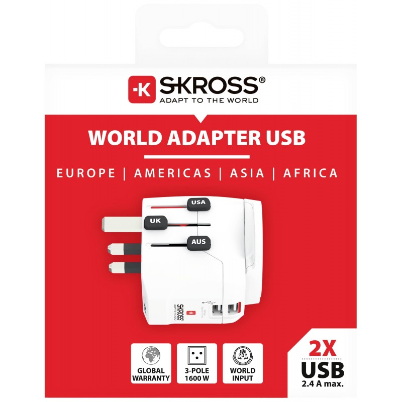 Адаптер SKROSS PRO Light, 2 x USB-A, World, Бял, SKROSS-1302470
