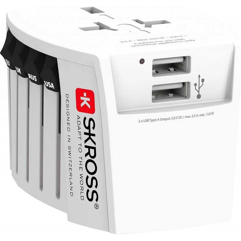 Адаптер SKROSS PRO MUV 2 x USB-A, 1.302960, World, Бял, SKROSS-1302960