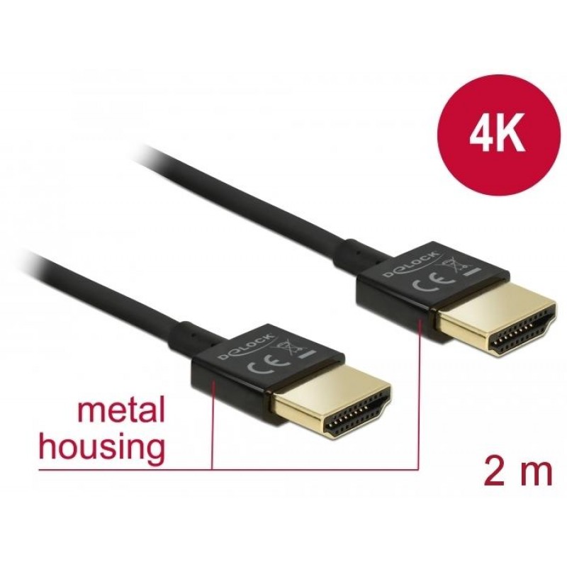 Кабел Delock  HDMI-A мъжко - HDMI-A мъжко,18 Gbit/s, 4K, 2 м, Черен, DELOCK-84773