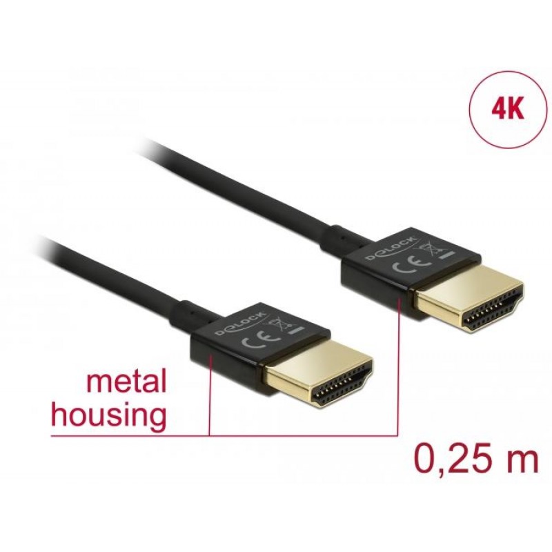 Кабел Delock  HDMI-A мъжко - HDMI-A мъжко, Ethernet, 3D, 4K, 0.25 м, Черен, DELOCK-85117