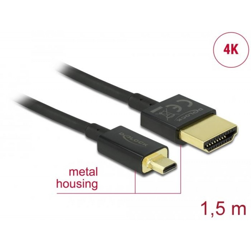 Кабел Delock  HDMI-A мъжко - Micro HDMI-D мъжко,18 Gbit/s, 4K, 1.5 м, Черен, DELOCK-84782