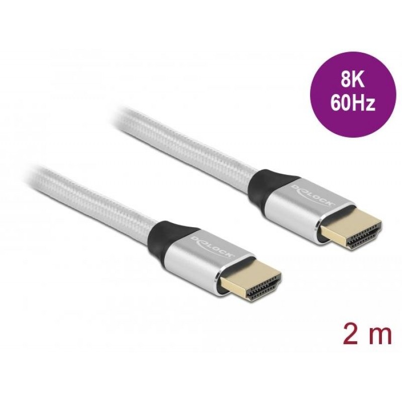 Кабел Delock Ultra High Speed,HDMI мъжко - HDMI мъжко, 48 Gbit/s, 8K 60 Hz, 2 м, Сребрист, DELOCK-85367