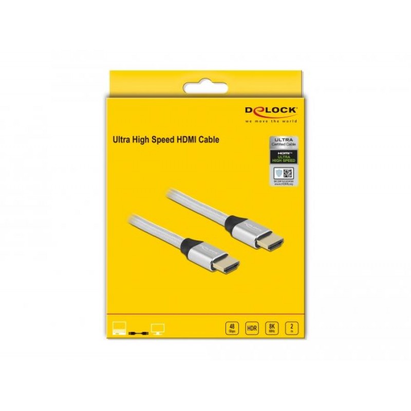 Кабел Delock Ultra High Speed,HDMI мъжко - HDMI мъжко, 48 Gbit/s, 8K 60 Hz, 2 м, Сребрист, DELOCK-85367